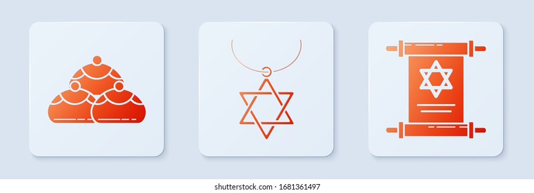 Collar la estrella de David en cadena, panadería judía dulce y pergamino Torah. Botón cuadrado blanco. Vector