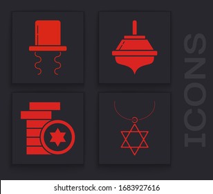 Set Star of David necklace on chain, Orthodox jewish hat with sidelocks, Hanukkah dreidel and Jewish coin icon. Vector
