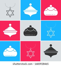 Set Star of David necklace on chain, Hanukkah dreidel and Jewish sweet bakery icon. Vector