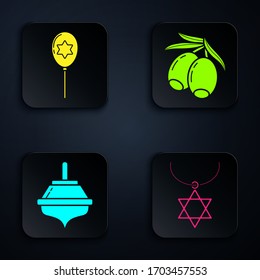Set Star of David necklace on chain, Balloons with ribbon with star of david, Hanukkah dreidel and Olives branch. Black square button. Vector