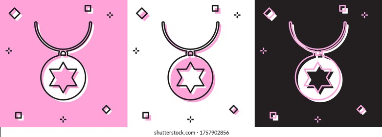 Set Star of David Halskette auf Kettensymbol einzeln auf rosafarbenem, weißem, schwarzem Hintergrund. Jüdische Religion. Symbol Israels. Schmuck und Accessoire. Vektorgrafik