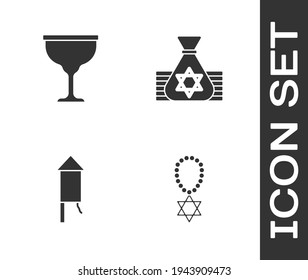 Set Star of David necklace on chain, Jewish goblet, Firework rocket and money bag icon. Vector