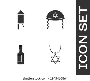 Set Star of David necklace on chain, Firework rocket, Jewish wine bottle and kippah icon. Vector