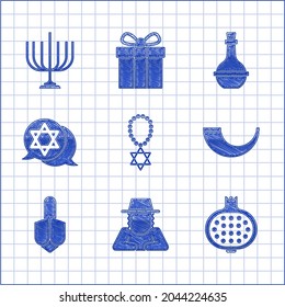 Set Star of David necklace on chain, Orthodox jewish hat, Pomegranate, Traditional ram horn, shofar, Hanukkah dreidel, Jewish wine bottle and menorah icon. Vector