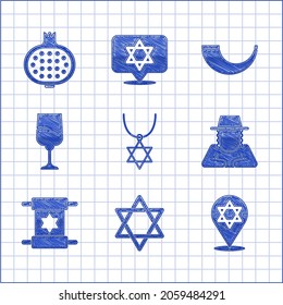 Set Star of David necklace on chain, Orthodox jewish hat, Torah scroll, Jewish goblet, Traditional ram horn, shofar and Pomegranate icon. Vector