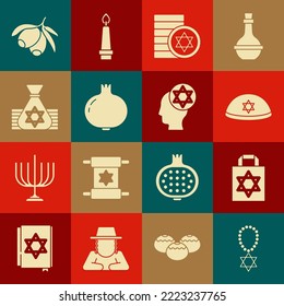 Set Star of David necklace on chain, Shopping bag with star david, Jewish kippah, coin, Pomegranate, money, Olives branch and Orthodox jewish hat icon. Vector