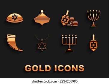 Set Star of David necklace on chain, Hanukkah menorah, dreidel, Traditional ram horn, shofar, and coin, Jewish kippah with star david and  icon. Vector
