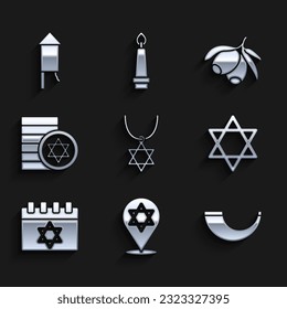 Set Star of David necklace on chain, Traditional ram horn, shofar, Jewish calendar, coin, Olives branch and Firework rocket icon. Vector