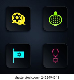 Set Star of David necklace on chain, , Flag Israel and Pomegranate. Black square button. Vector
