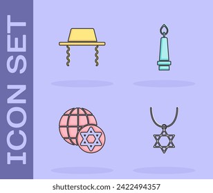 Set Star of David Halskette auf Kette, orthodoxe jüdische Hut, World Globe und Israel und Burning Kerze Ikone. Vektorgrafik