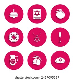 Set Star of David necklace on chain, Olives branch, Jewish kippah with star david, goblet, Decanter, coin, Pomegranate and Hanukkah dreidel icon. Vector