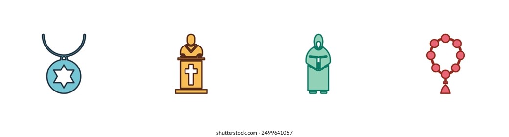 Set Star of David necklace on chain, Church pastor preaching, Monk and Rosary beads religion icon. Vector