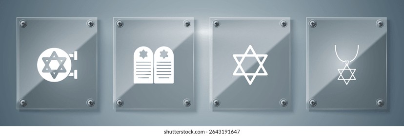 Set Star of David necklace on chain, , Tombstone with star david and Jewish synagogue. Square glass panels. Vector