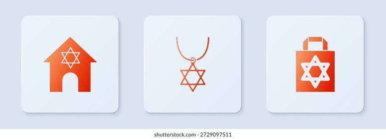 Collar de estrella de David en cadena, sinagoga judía y bolsa de compras con estrella David. Botón cuadrado blanco. Vector