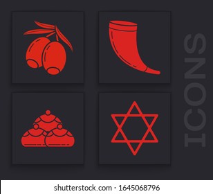 Set Star of David, Olives branch, Traditional ram horn, shofar and Jewish sweet bakery icon. Vector
