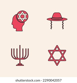 Set Star of David, Orthodox jewish hat,  and Hanukkah menorah icon. Vector
