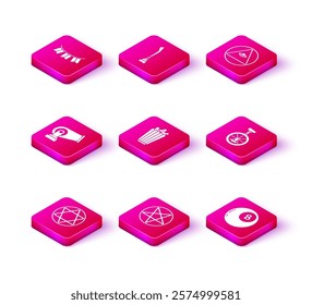 Set Star of David, Pentagram in circle, Cannon, Popcorn box, Magic ball predictions, Unicycle one wheel bicycle, Masons and Witches broom icon. Vector