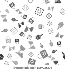 Set Star of David, Shopping bag with star of david, Hanukkah dreidel and Jewish goblet and hanukkah sufganiyot on seamless pattern. Vector