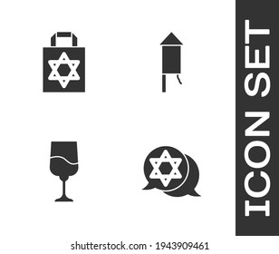 Set Star of David, Shopping bag with star david, Jewish goblet and Firework rocket icon. Vector