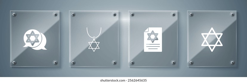 Set Star of David, Torah scroll, necklace on chain and . Square glass panels. Vector