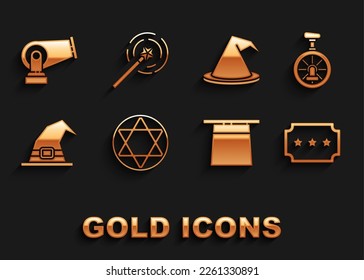 Set Star of David, Unicycle or one wheel bicycle, Ticket, Magician hat, Witch, Cannon and wand icon. Vector