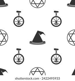 Set Star of David, Witch hat and Unicycle or one wheel bicycle on seamless pattern. Vector