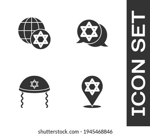 Set Star of David, World Globe and Israel, Jewish kippah and  icon. Vector
