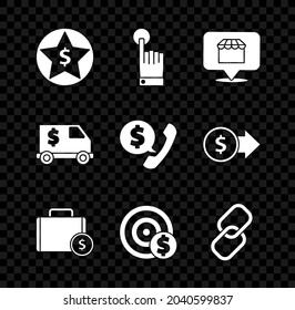Establece Star y dólar, gesto del toque de mano, concepto de compra en línea, dinero de maletín, Target con símbolo, enlace de cadena, camión blindado y icono de chat de la burbuja de voz del teléfono. Vector