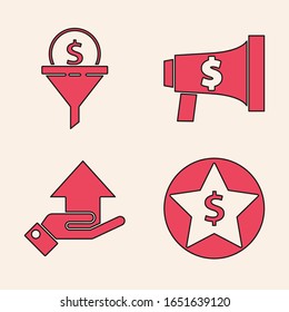 Set Star and dollar, Lead management, Megaphone and dollar and Money on hand icon. Vector