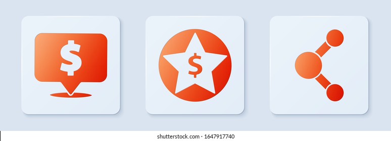 Establecer Estrella y dólar, burbuja del discurso con dólar y acción. Botón cuadrado blanco. Vector