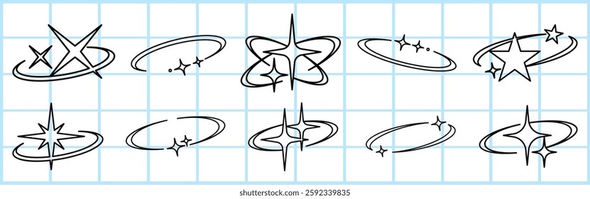 Set of star doodles on grid paper. Various star designs, each unique. Stars and doodles in black on a light blue grid. Perfect for creative projects. Hand drawn illustrations, vector set.