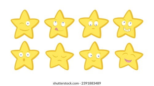 Set of star emoticons. Vector funny cute stars with different emotions. Cartoon doodle illustrations.