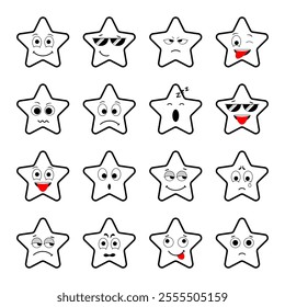 Set of star emotion icon with 16 variations of expression. Vector illustration.