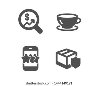 Set of Star, Espresso and Currency audit icons. Delivery insurance sign. Phone feedback, Coffee cup, Money chart. Parcel protection.  Classic design star icon. Flat design. Vector