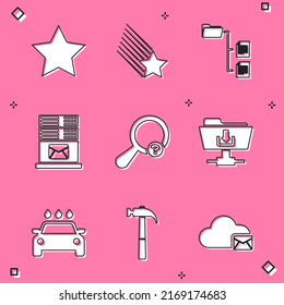 Set Star, Falling star, Folder tree, Mail server, Unknown search and FTP folder download icon. Vector