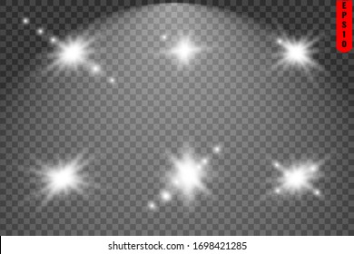 Set of star flares of directional light on a transparent background