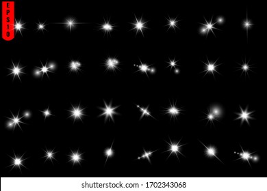 A Set Of Star Flares, Shining Light, A Solar Flare On A Black Background.