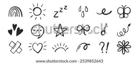 Set of star, flower, butterfly and rainbow with crayon, chalk and pastel texture. Doodle vector illustration.