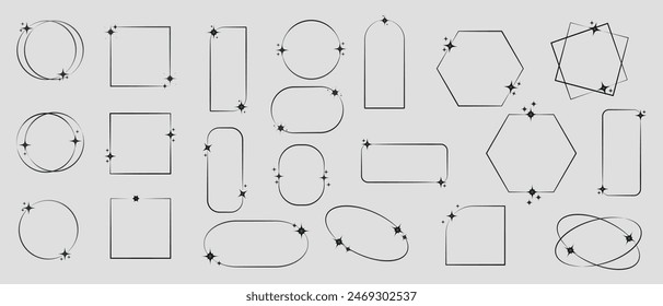 Satz von Sternrahmen, Bogenelement mit linearem Ornament, Vektorgrafik minimaler dekorativer Satz von Retro-Randgeometrie. Futuristische einfache Figuren. Netter Sternenrahmen für die Dekoration.