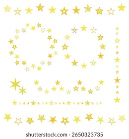 Conjunto de molduras de estrelas, coroas de flores e decorações de linhas. Estilo desenhado à mão, ilustração vetorial.