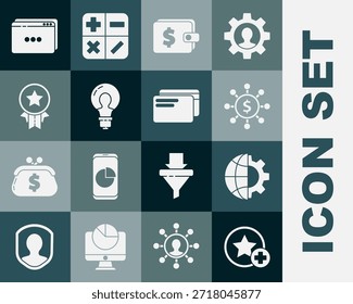 Set Estrella, Globo de la Tierra y engranaje, Dólar, compartir, red, billetera con dólar, idea de concepto de bombilla, estrella de la medalla, Plantilla de Sitio web e ícono de tarjeta de crédito. Vector
