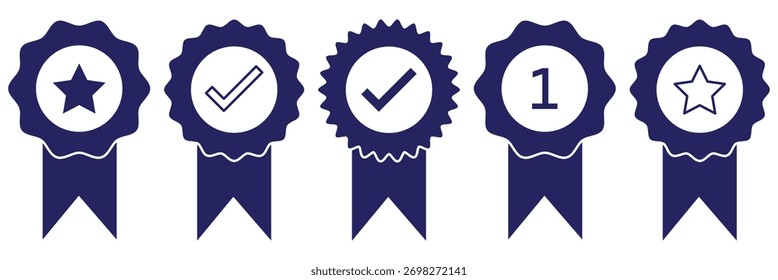Conjunto de icono de estrella y símbolo de Ilustración vectorial de icono de insignia. Conjunto de iconos de insignia de certificado, sello de calidad, conjunto de símbolos de verificación. Icono número uno Verifique el conjunto de Vectores de etiquetas e iconos verificados en color azul