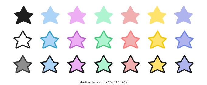 Set of star icons featuring colored illustrations, black silhouette, black outline versions. Isolated on white background. Concept of astronomy, celestial bodies, space exploration. Design elements.