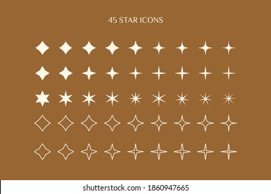 A set of Star icons in a minimalistic simple and linear style. Vector Sparkle Sign, Twinkle, Shiny, Glowing light effect.