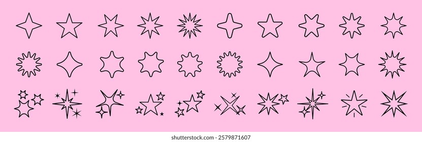 Set of star icons on a pink background. Various star shapes, including classic, pointed, and twinkling stars. Perfect for design, decoration, and creativity. Element vector collection.