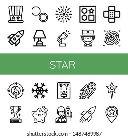 Set of star icons such as Independence day, Rocket, Rambutan, Lighting, Fireworks, Light, Shapes, Uncle sam, Patch, Space, Compass, Trophy, Snowflake, Starfish, Spaceship , star
