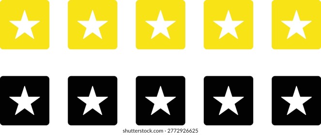 A set of star icons in yellow and black squares on a clean white background, ideal for ratings or reviews