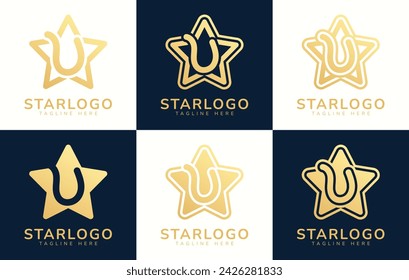 Conjunto de logotipo de la estrella con la letra U. Este logotipo combina letras y formas de estrellas. Conveniente para cualquier negocio que utiliza estrellas como su tema.