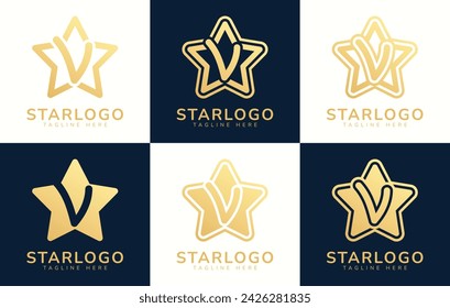 Satz Sternlogo mit dem Buchstaben V. Dieses Logo kombiniert Buchstaben und Sternformen. Geeignet für jedes Unternehmen, das Sterne als Thema verwendet.