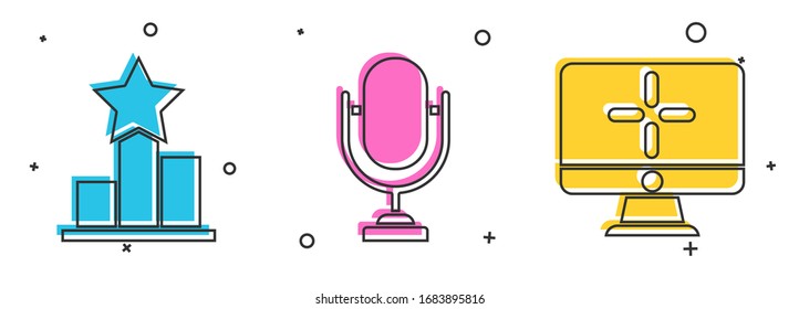 Set Star, Microphone and Computer monitor icon. Vector